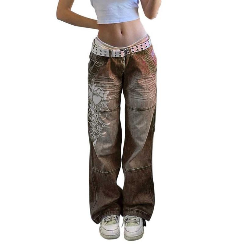 LUMAYA6382 Street Style Women's Clothing Irregular Printing Loose Trousers Low Waist Folds Washed for Old Multi-colored Jeans