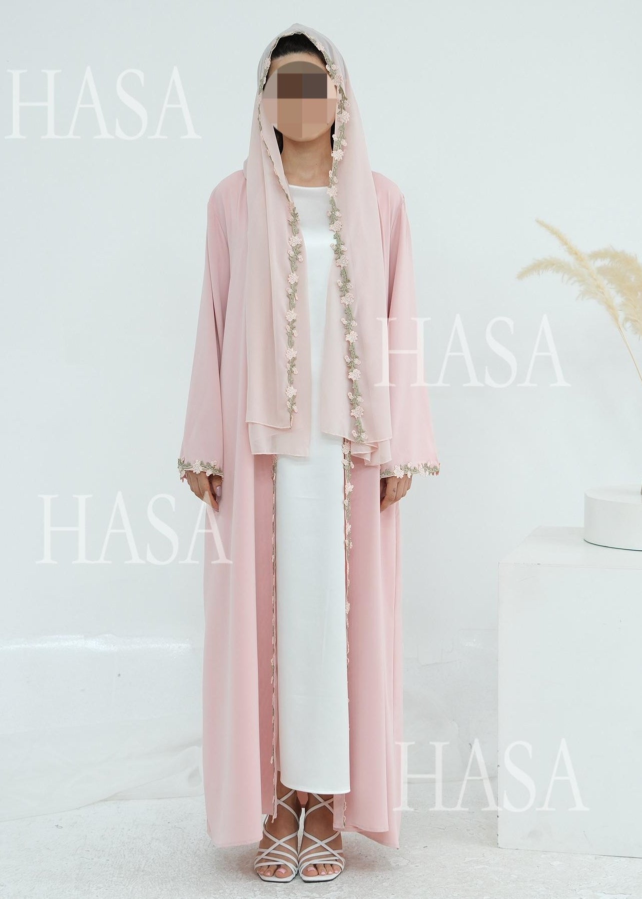LM6618 Pink Flower Stitching Cardigan Two-Piece Set (Including Headscarf)