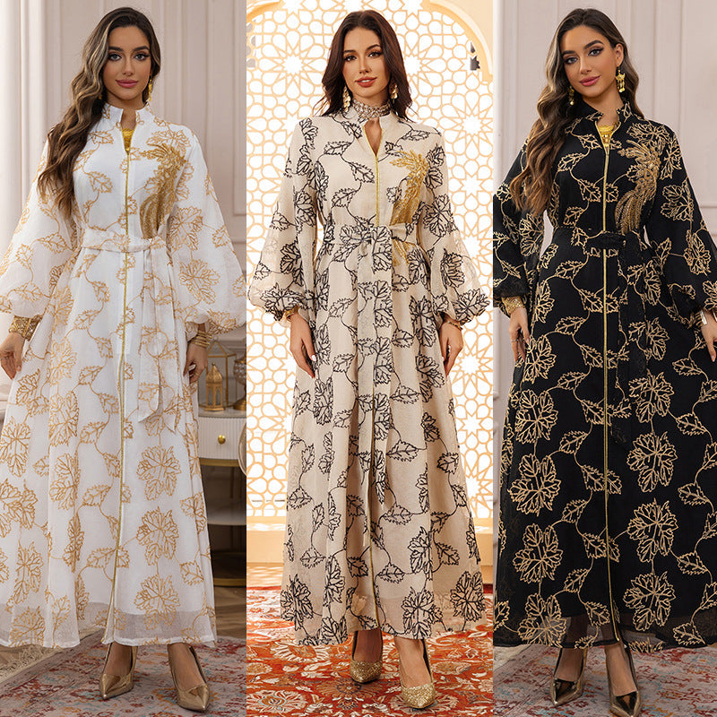 LM6651  Floral Print Long Dress, Elegant Stand-up Collar Evening Gown