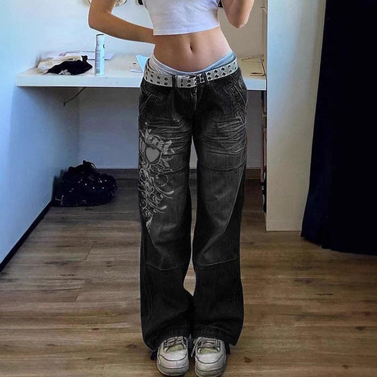 LUMAYA6382 Street Style Women's Clothing Irregular Printing Loose Trousers Low Waist Folds Washed for Old Multi-colored Jeans