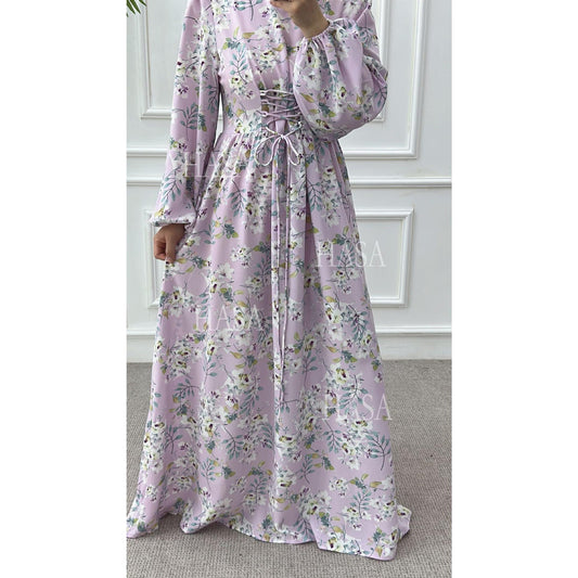 LUMAYA6489 Long-sleeved Floral Maxi Dress with Natural Waist