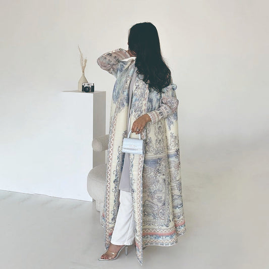LUMAYA5840 Light-colored, All-over Print, Open-front Long Coat