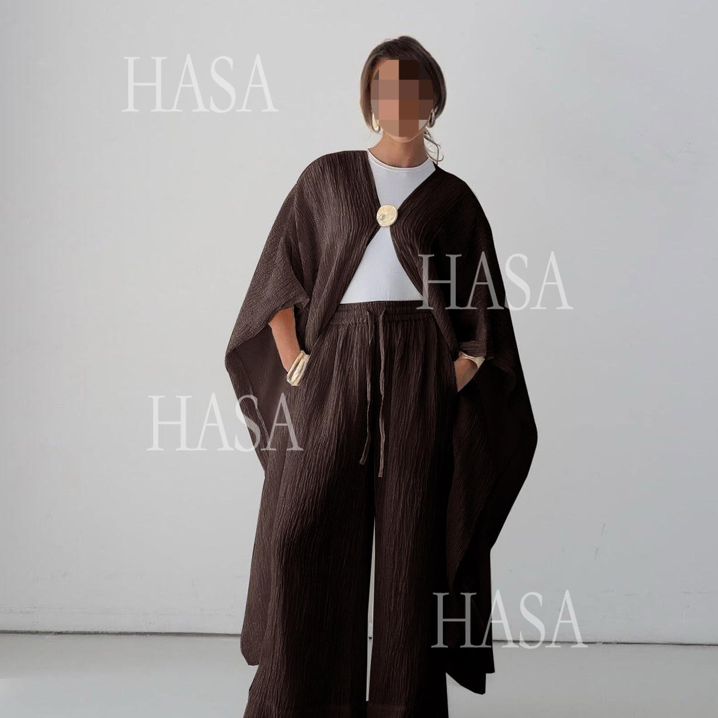 LUMAYA6486 Simple Cardigan with Wide-leg Pants, Solid Color Daily Two-piece Suit