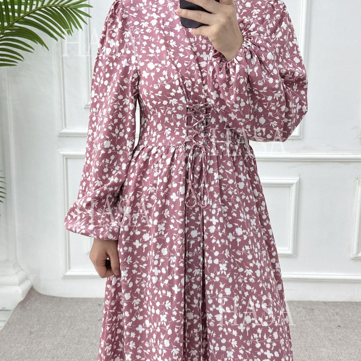 LUMAYA6489 Long-sleeved Floral Maxi Dress with Natural Waist