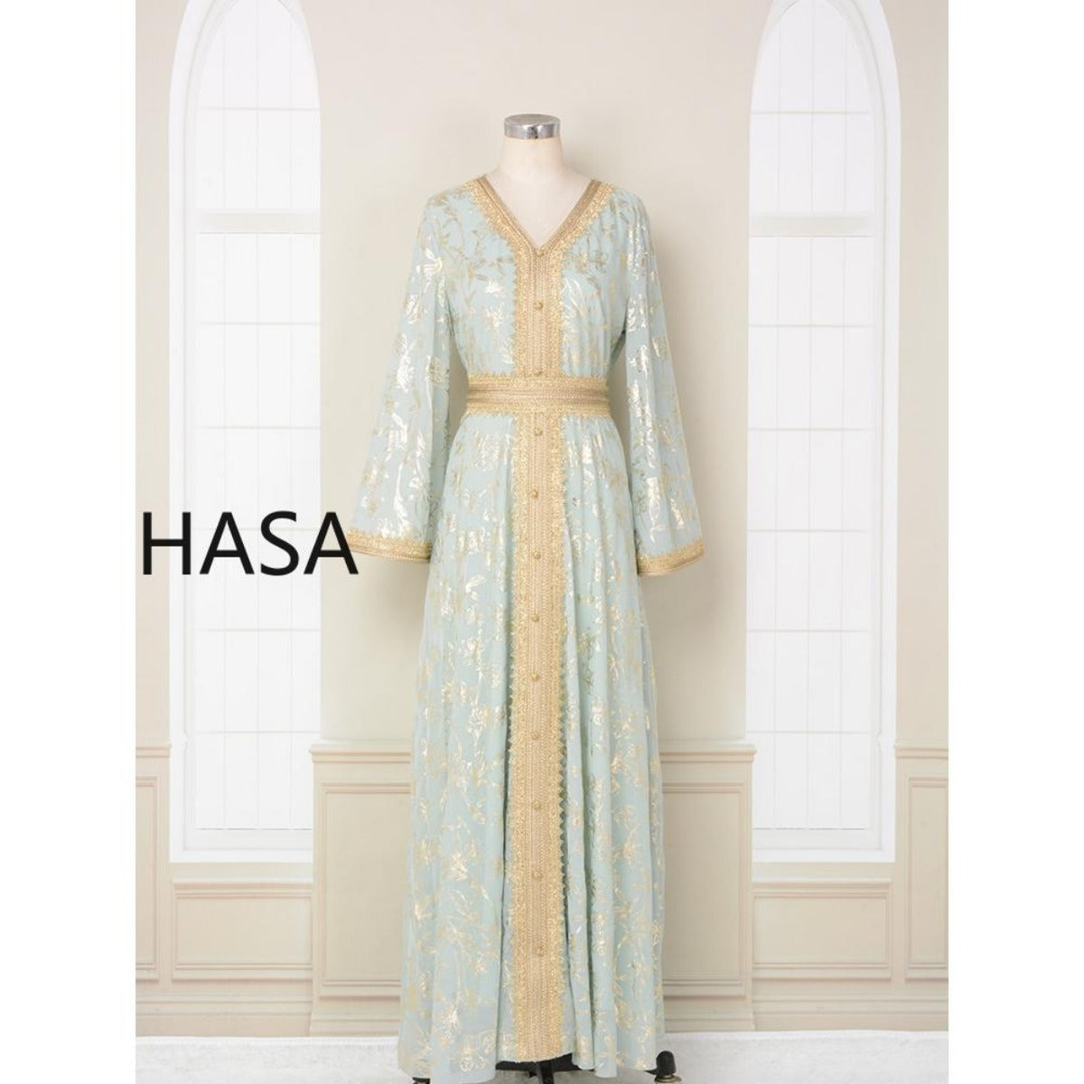 LM1249 Elegant Floral Abaya with Golden Detailing