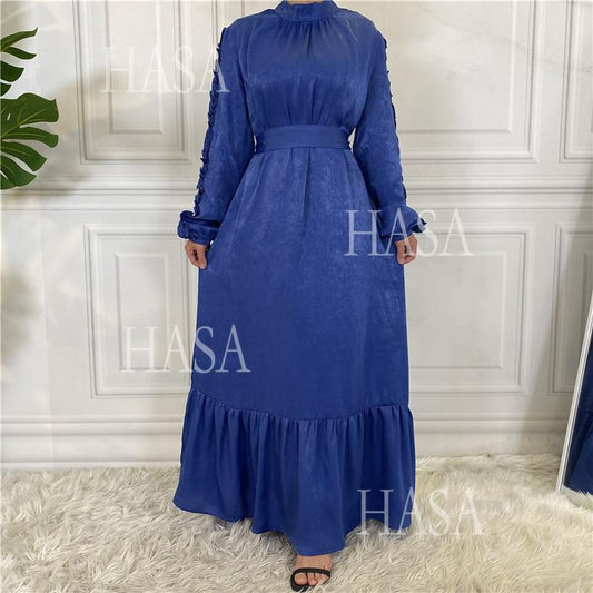 LM6591 Solid Color Turtleneck Long Sleeve Dress with Pleated Waistband