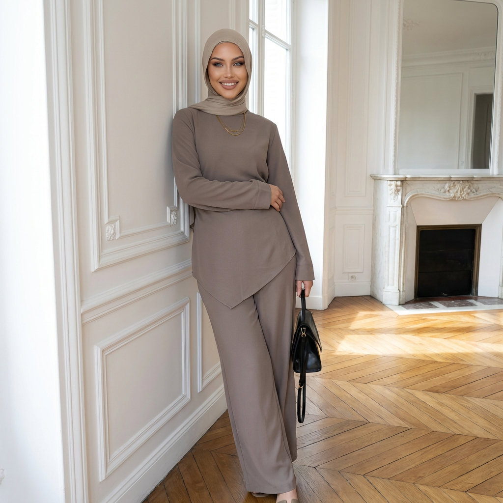 HA6614 Modest Nida Two-Piece Set with Waist Tie & Pocket Trousers