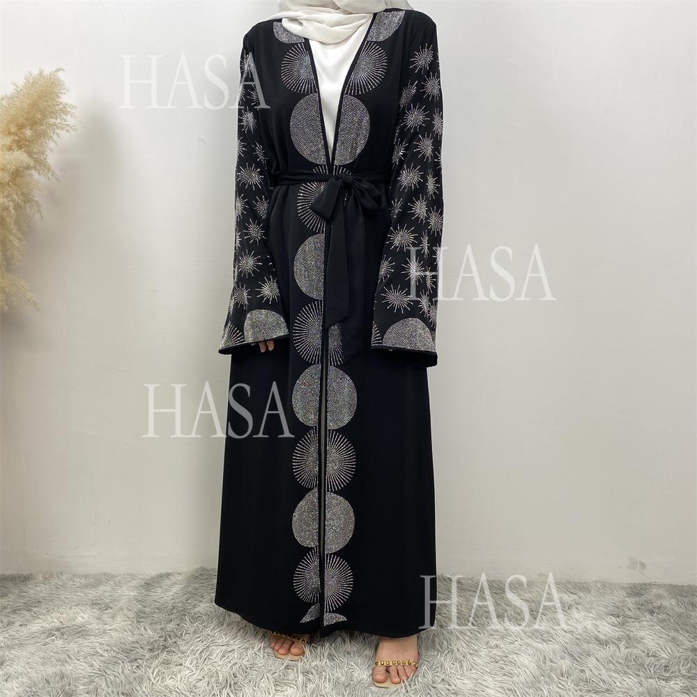 LM6588 Black Cardigan Dress with Rhinestone Embellishment and Pockets