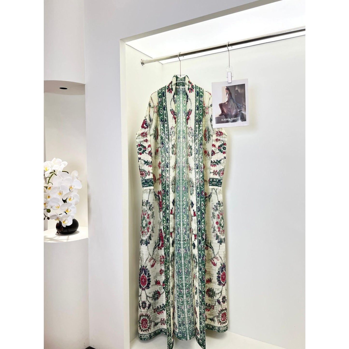 LUMAYA6722 Porcelain Dreams  White Abaya with Green & Red Floral Prints