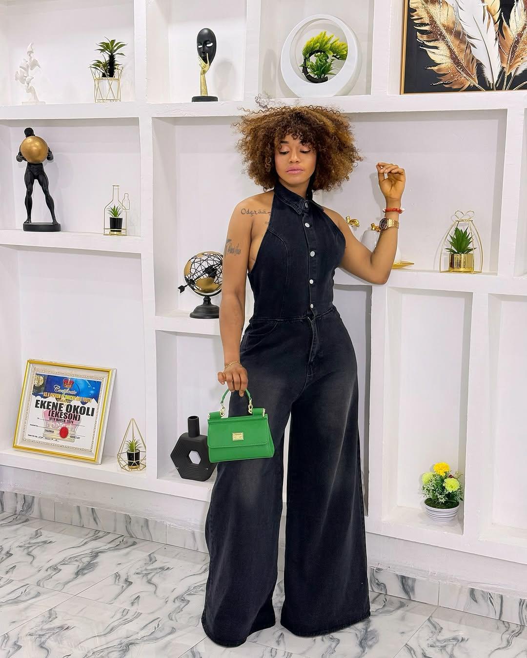 HA6354 Lapel Collar Single-breasted Backless Denim Jumpsuit