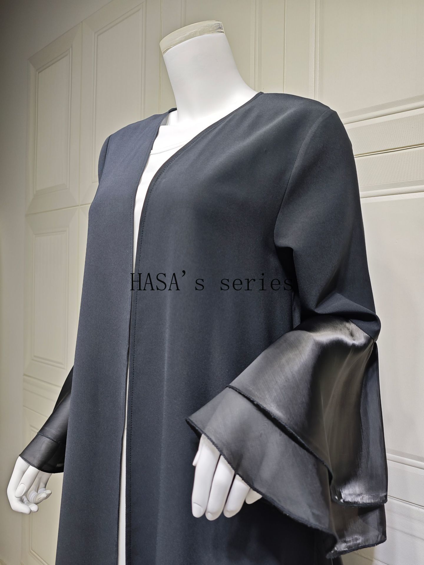 LUMAYA5106 A Soft and Elegant Long Satin Dress with Classic Design and Ruffled Sleeves.
