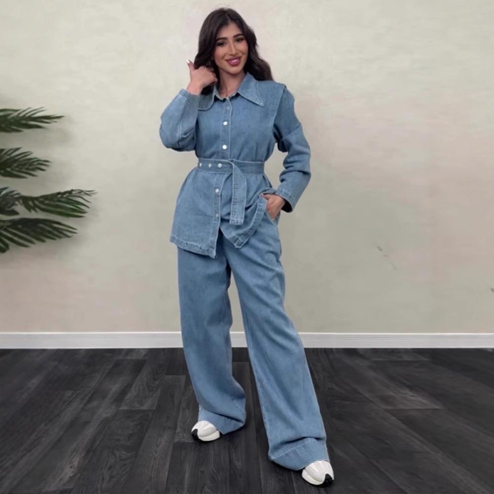 LM5890 Completo in Denim Lavato Primaverile Per Donne Con Cintura, Giacca Monopetto A Maniche Lunghe E Pantaloni A Vita Alta