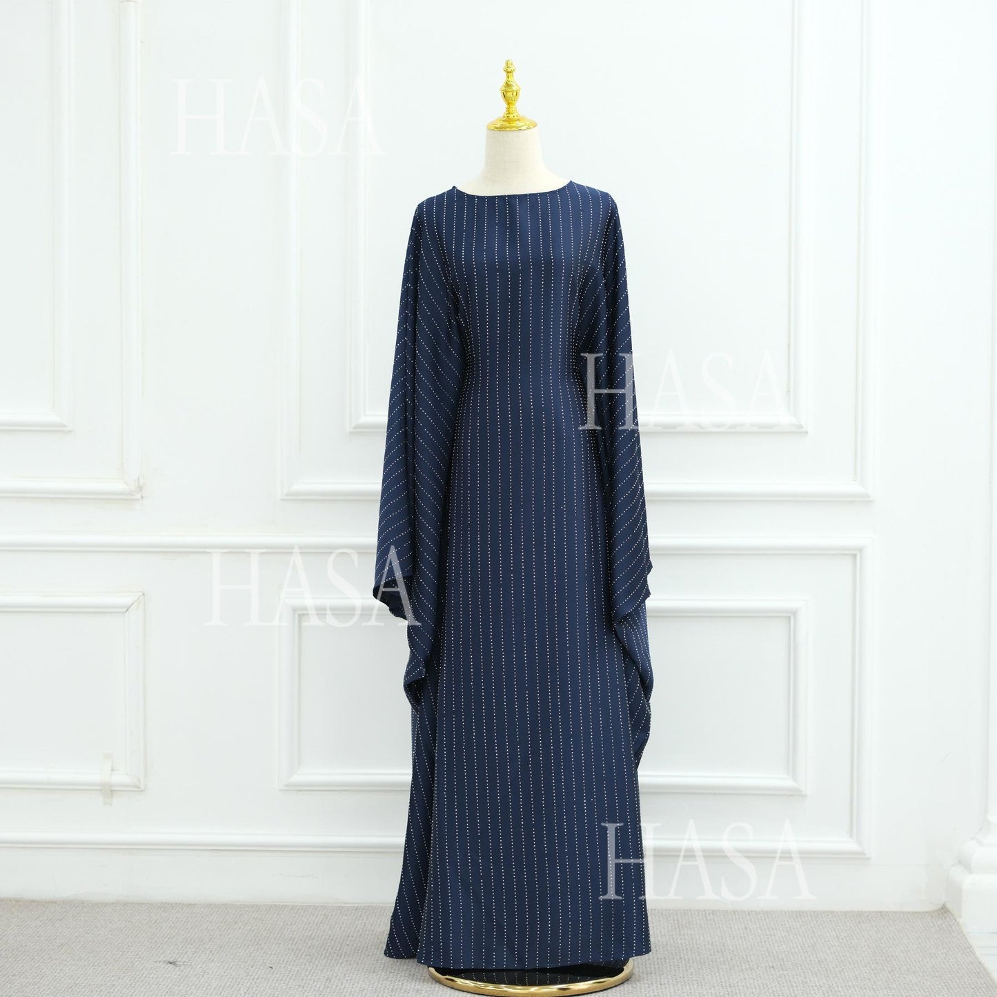 LUMAYA6483 Drape Rhinestone Gown with Simple Wide Sleeves
