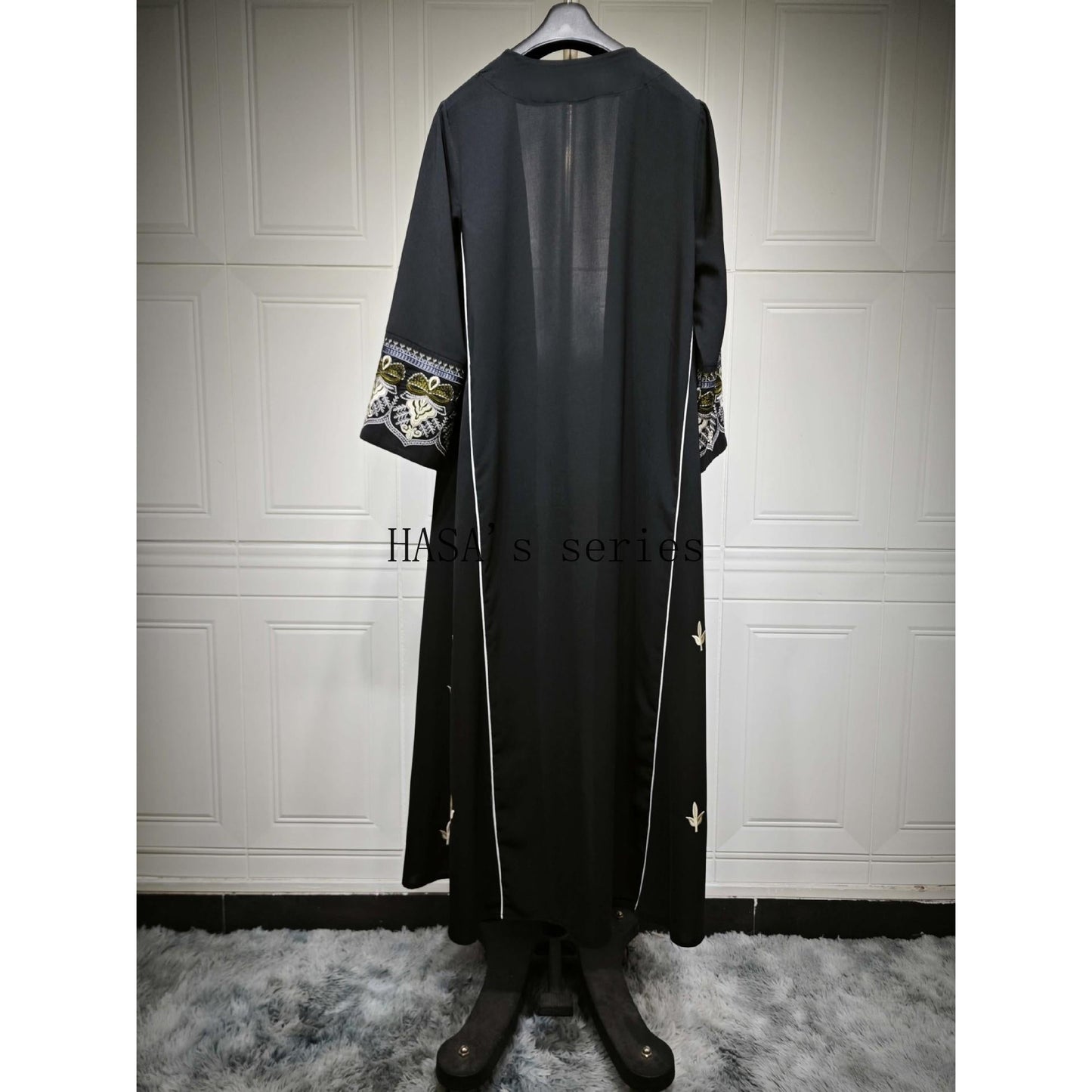 LUMAYA5090 Classic black embroidered patchwork robe, designed as a loose, open-front dress.