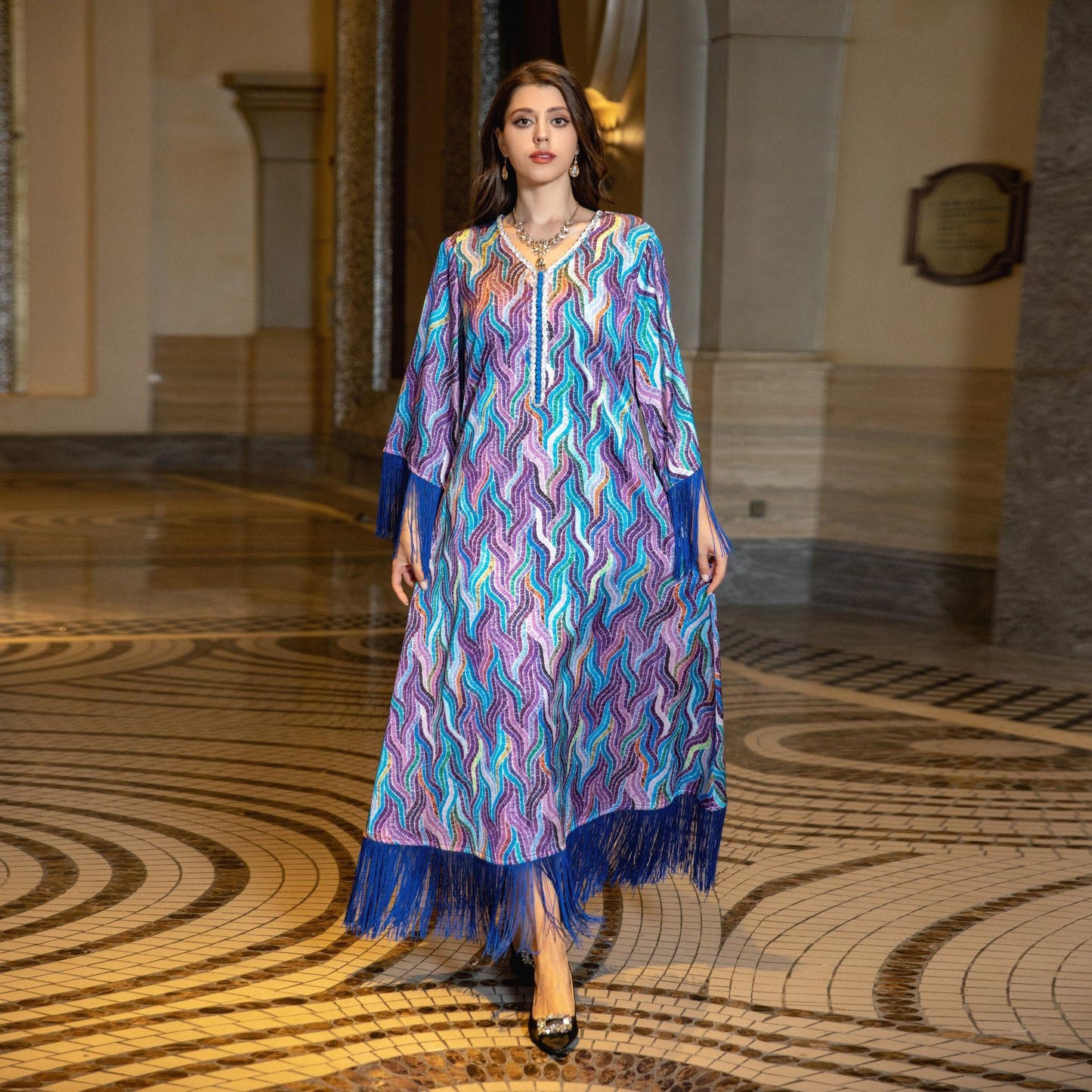 LUMAYA LUMAYA0521 Middle East Arab Dubai Muslim Robe Ladies Printed Casual Jalabiya Ethnic Clothing