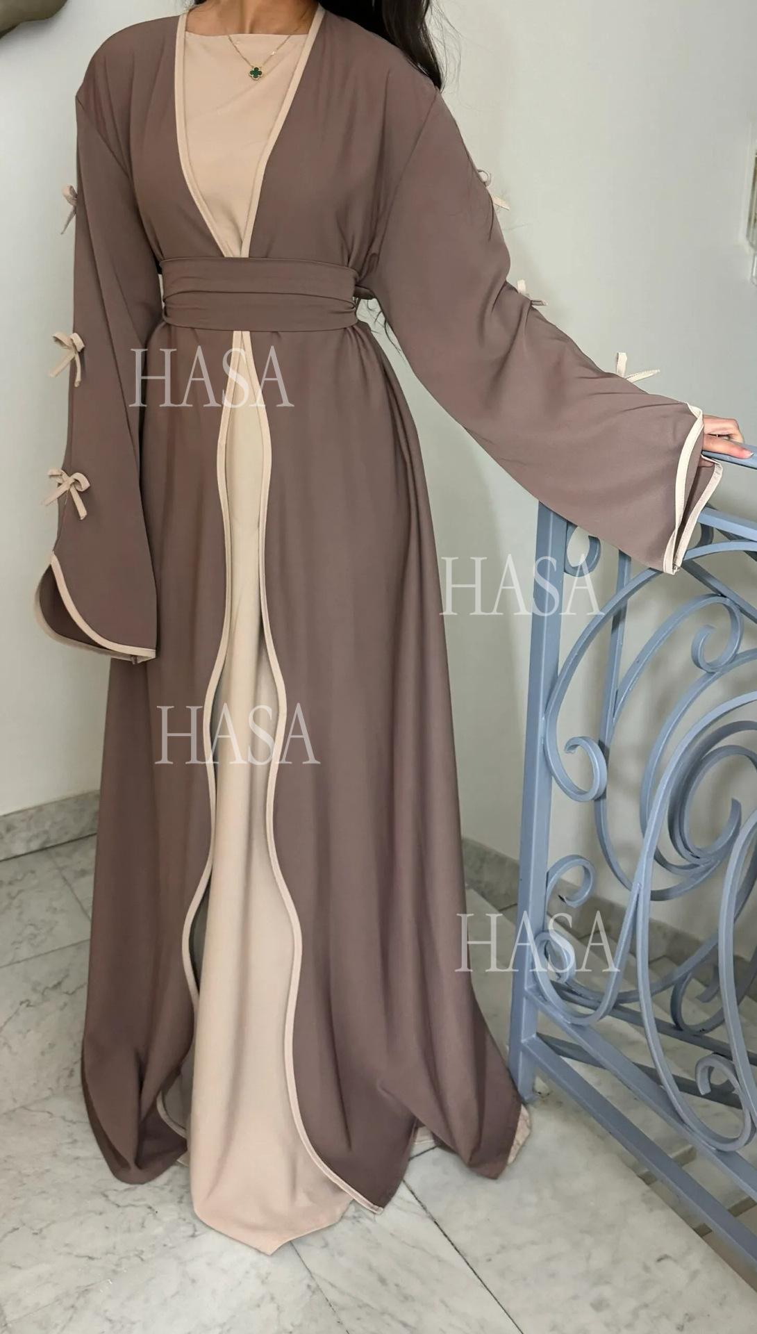 LUMAYA5883  A Two-piece Robe and Skirt Set with A Soft Bow and A Belt Design open abaya outfit