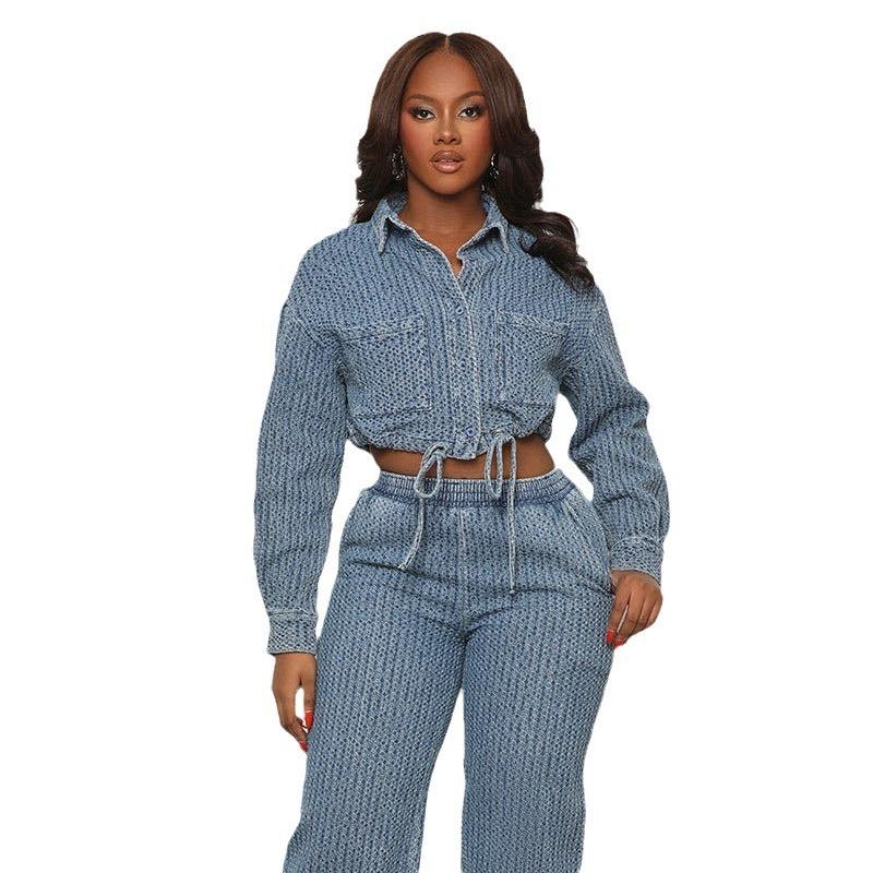 LM6303 Fashion, Long Sleeve Pants, Denim Women's Two-piece Set