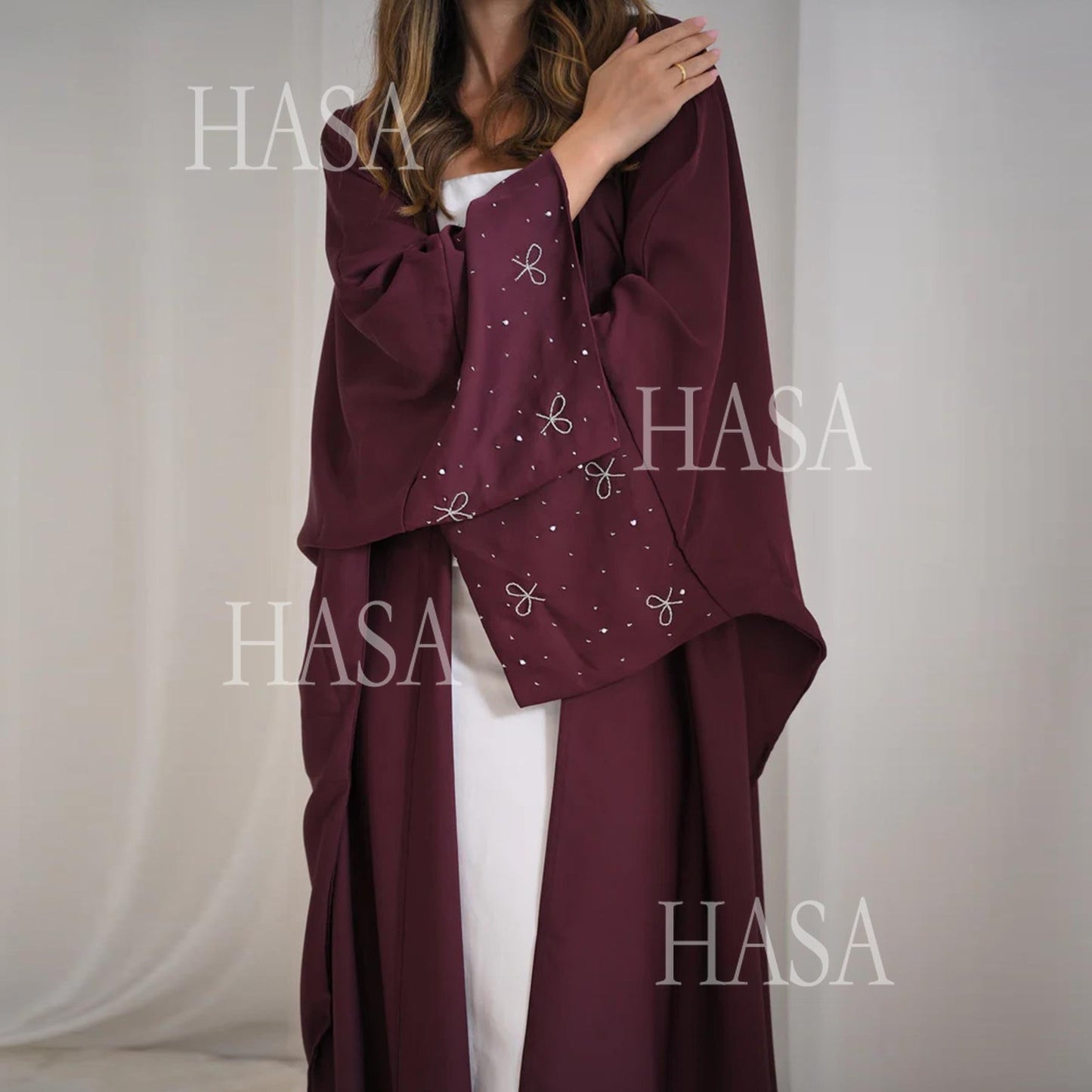 HA6492  Long-sleeved Robe with Bow and Beading