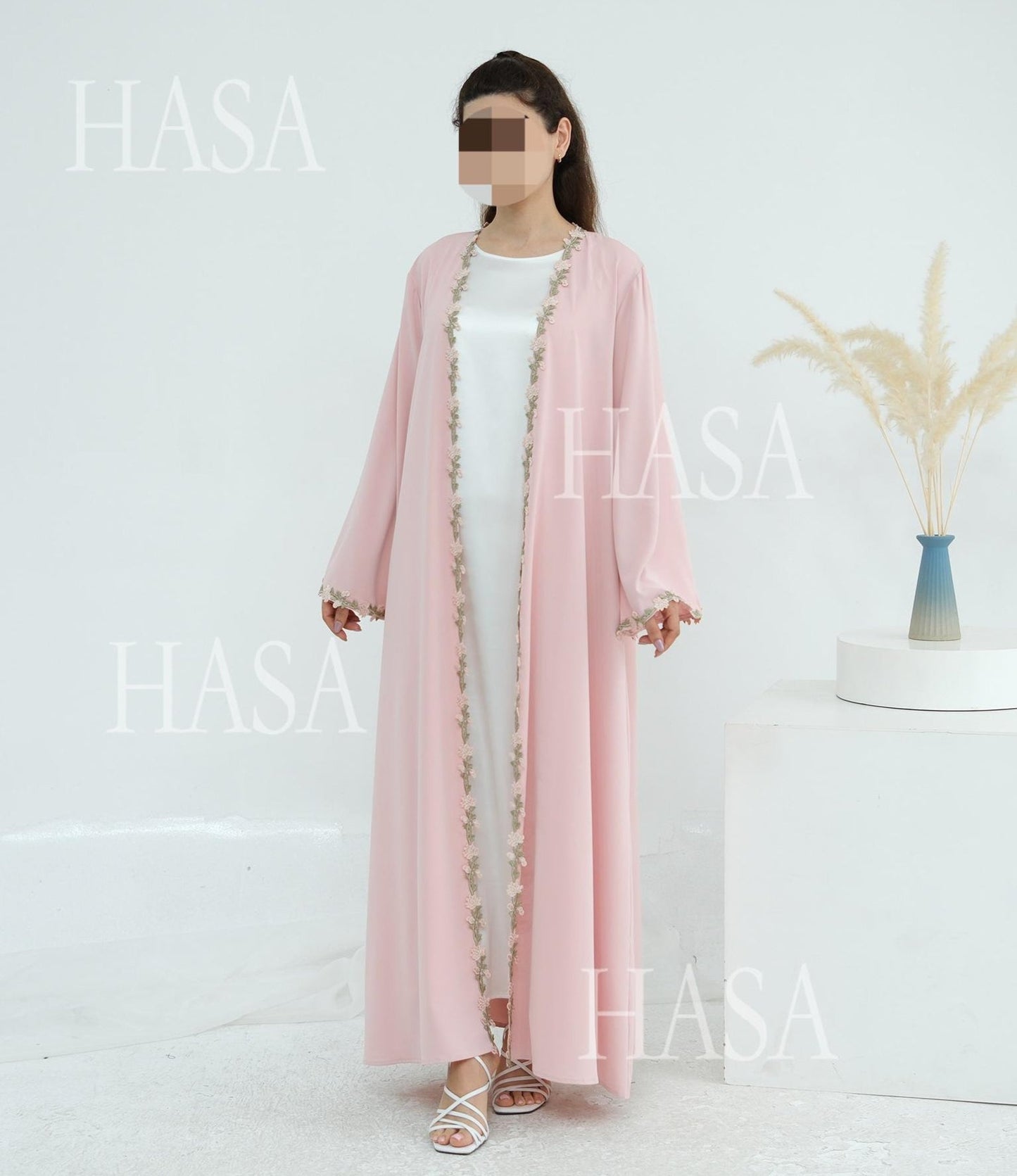 LM6618 Pink Flower Stitching Cardigan Two-Piece Set (Including Headscarf)
