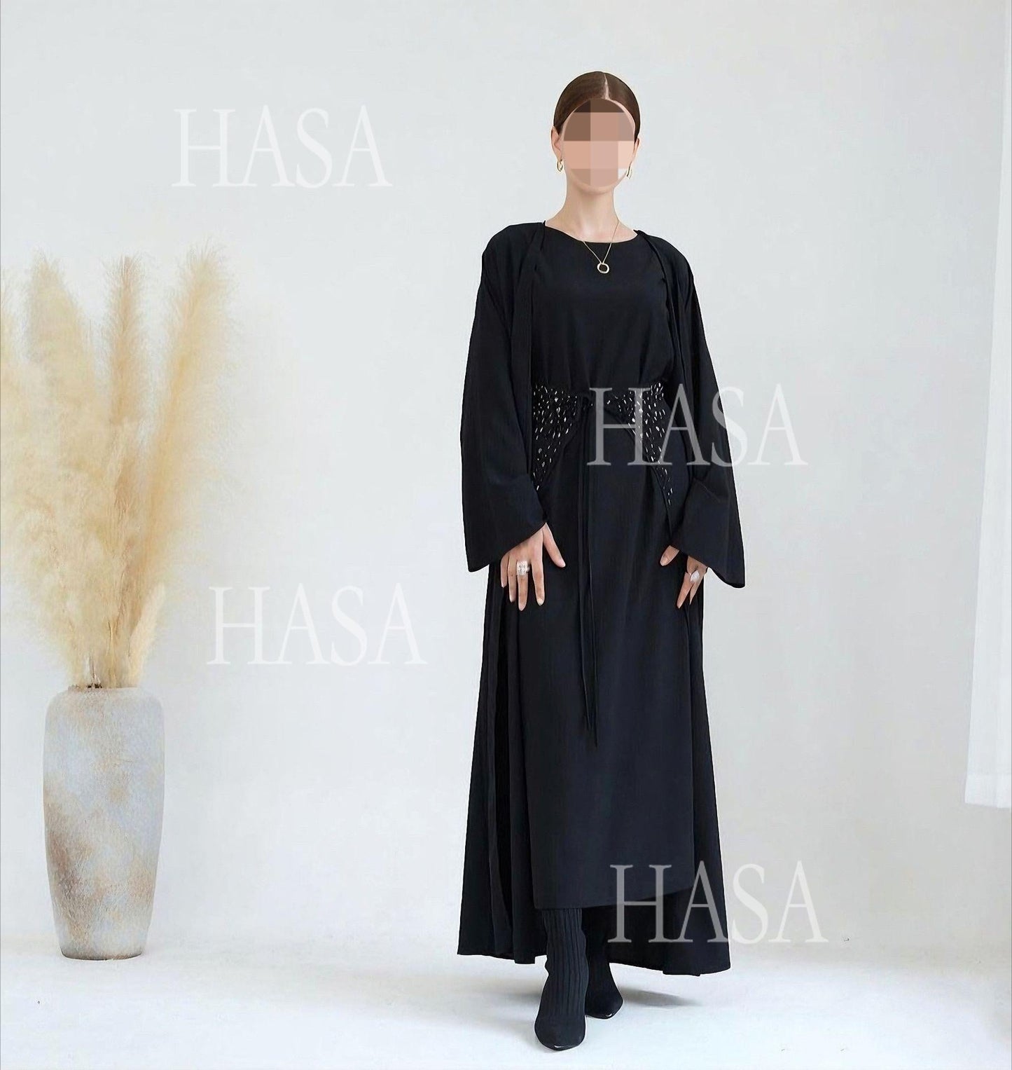 LM6578 Women's Solid Color Three-piece Robe Set (long Skirt + Skirt + Cardigan Jacket)