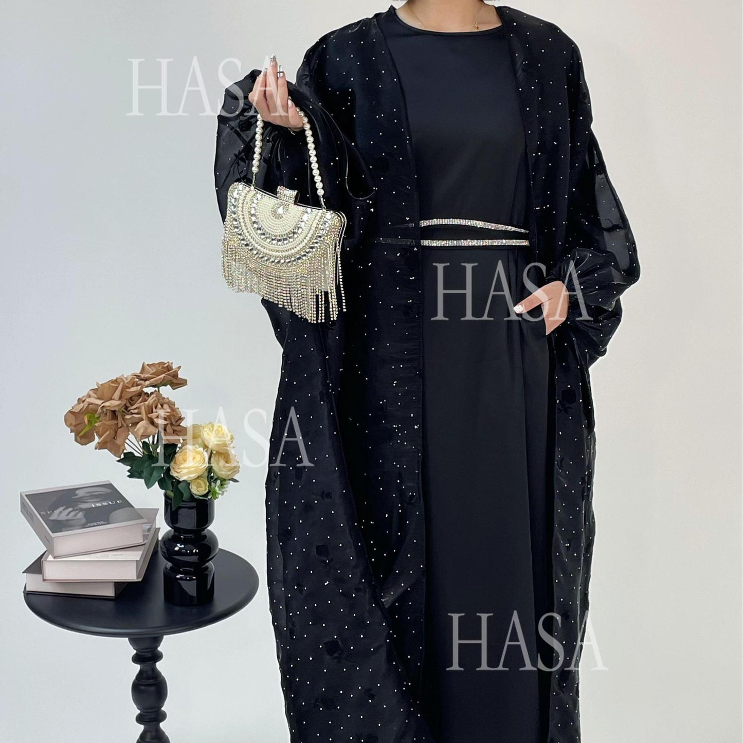 LUMAYA6536 Elegant Rose Pattern Abaya Outer Dress Set