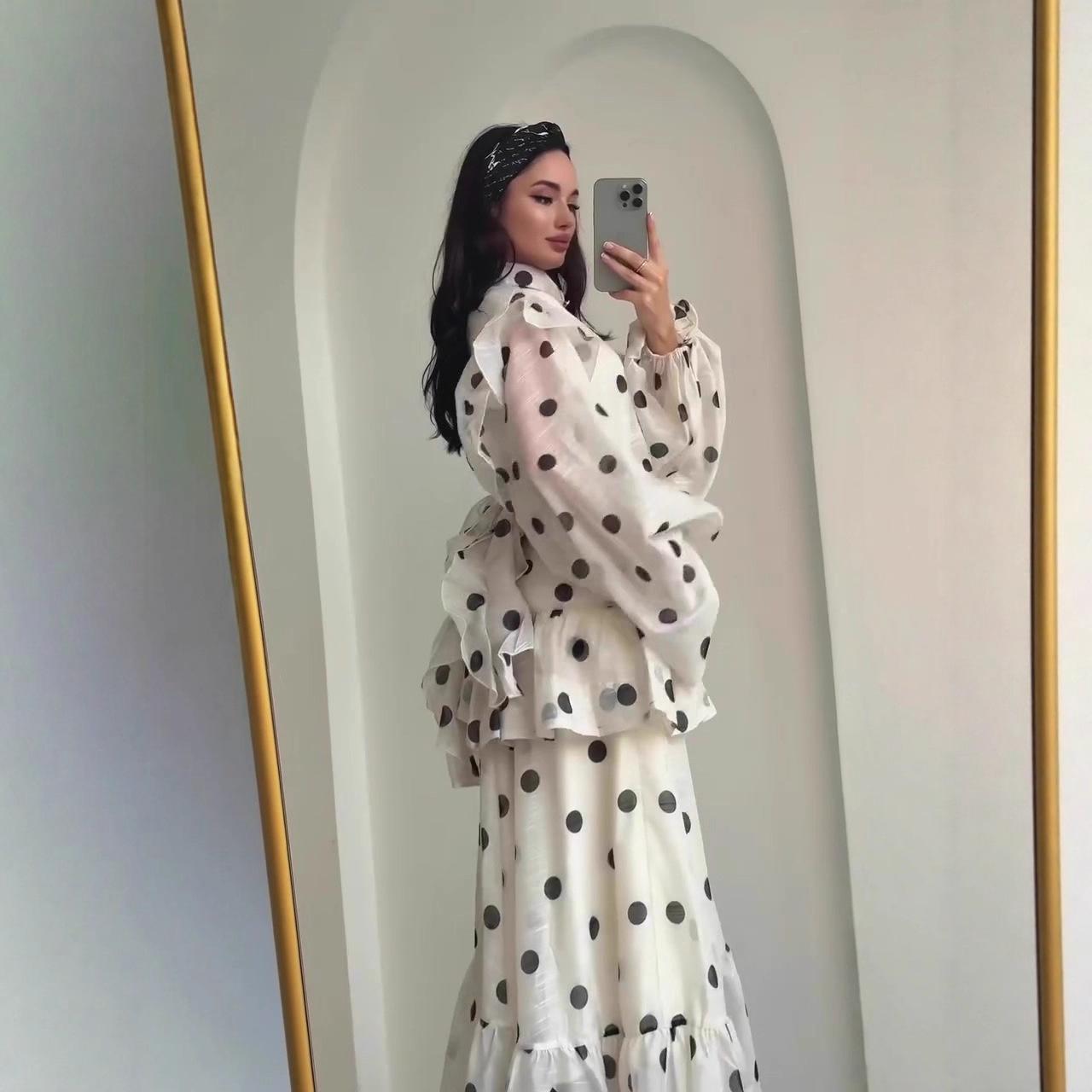 LUMAYA6732 Vintage Polka Dot Co-ord Set Puff Sleeve Blouse & Long Ruffle Skirt Outfit