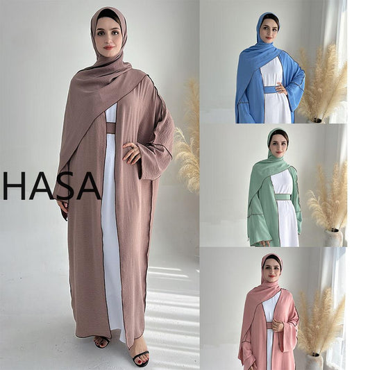 LMSA LM1246H 2 PCS SET Crepe Solid Color Loose Hem Cardigan Robe with Hijab