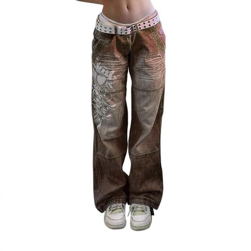 LUMAYA6382 Street Style Women's Clothing Irregular Printing Loose Trousers Low Waist Folds Washed for Old Multi-colored Jeans