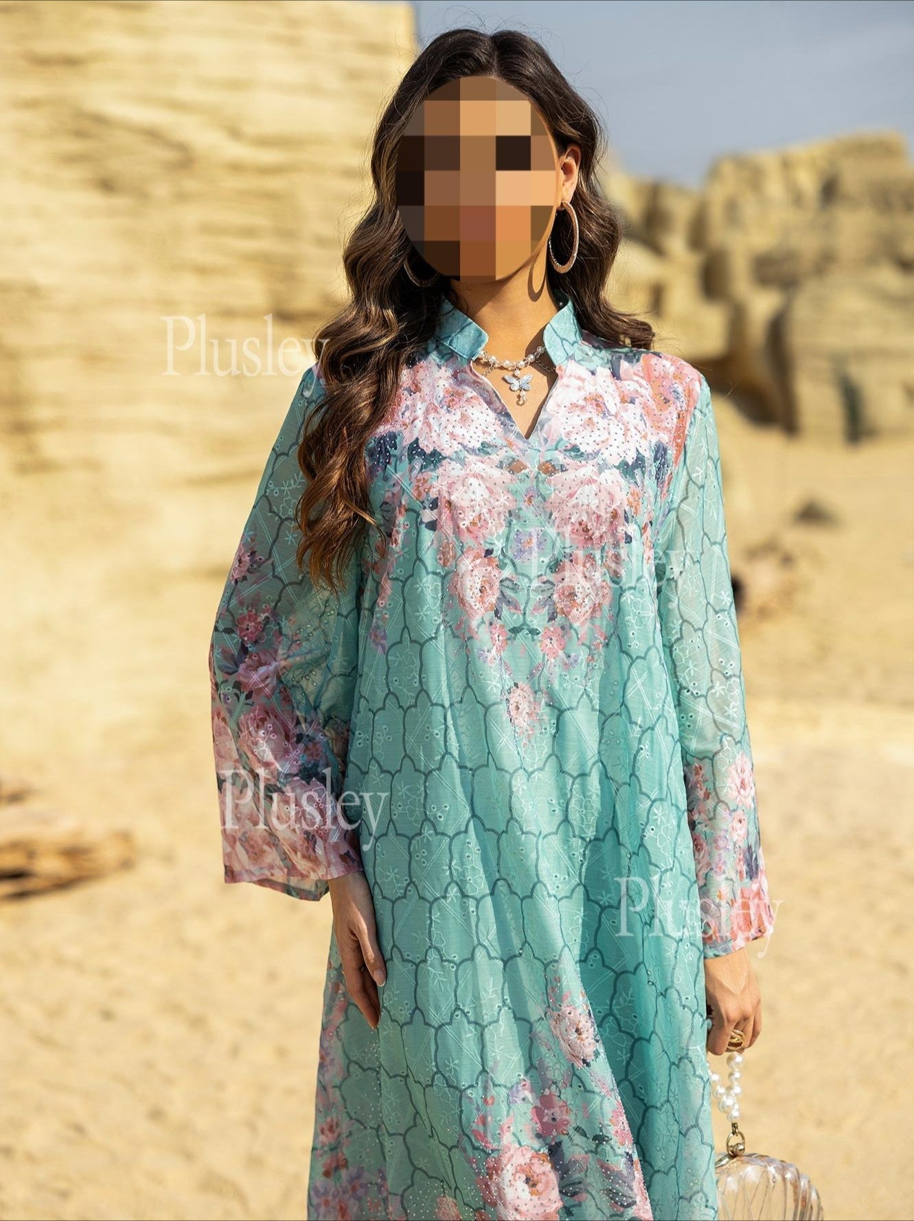 LM6636 Floral Print Embroidered Long Dress