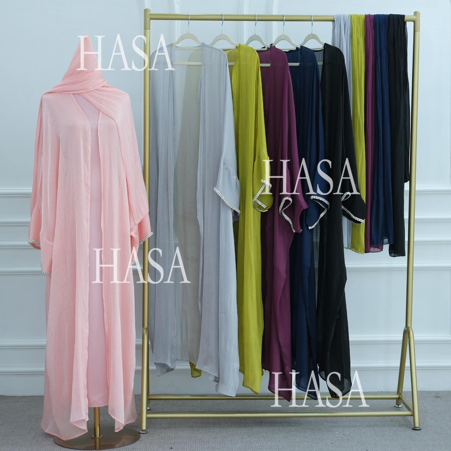 LUMAYA6553  Two-Piece Solid Abaya with Beaded Details and Matching Scarf Option