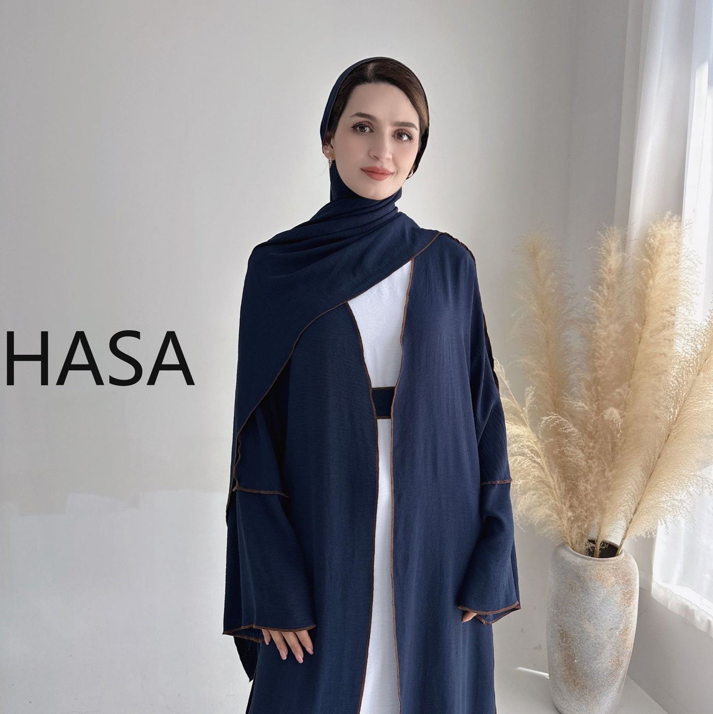 LMSA LM1246H 2 PCS SET Crepe Solid Color Loose Hem Cardigan Robe with Hijab