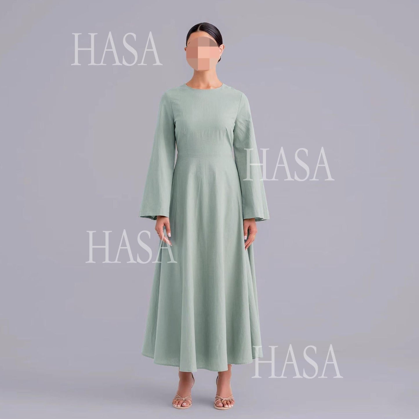 LUMAYA6494 Simple Solid Color Linen Bamboo Dress | Lace-Up Design
