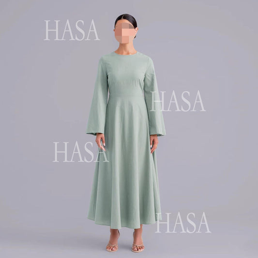 LUMAYA6494 Simple Solid Color Linen Bamboo Dress | Lace-Up Design