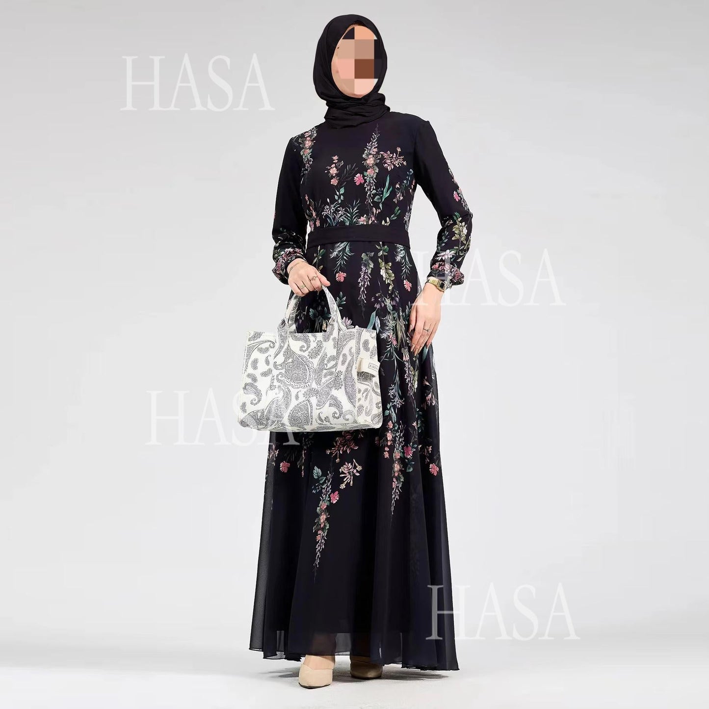 LUMAYA6531 Chiffon Printed Ankle-Length Maxi Dress with Long Sleeves