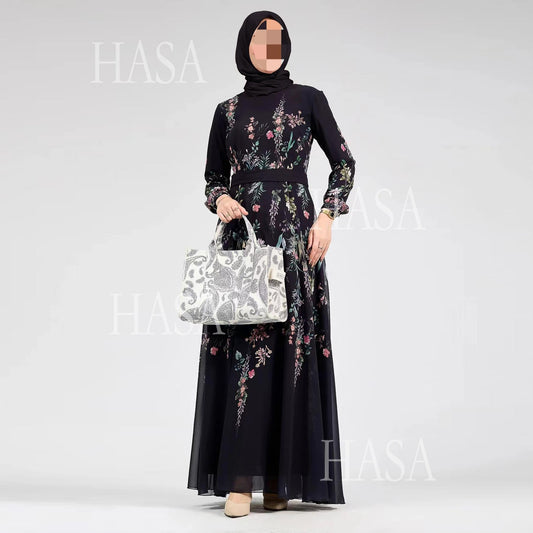 LUMAYA6531 Chiffon Printed Ankle-Length Maxi Dress with Long Sleeves