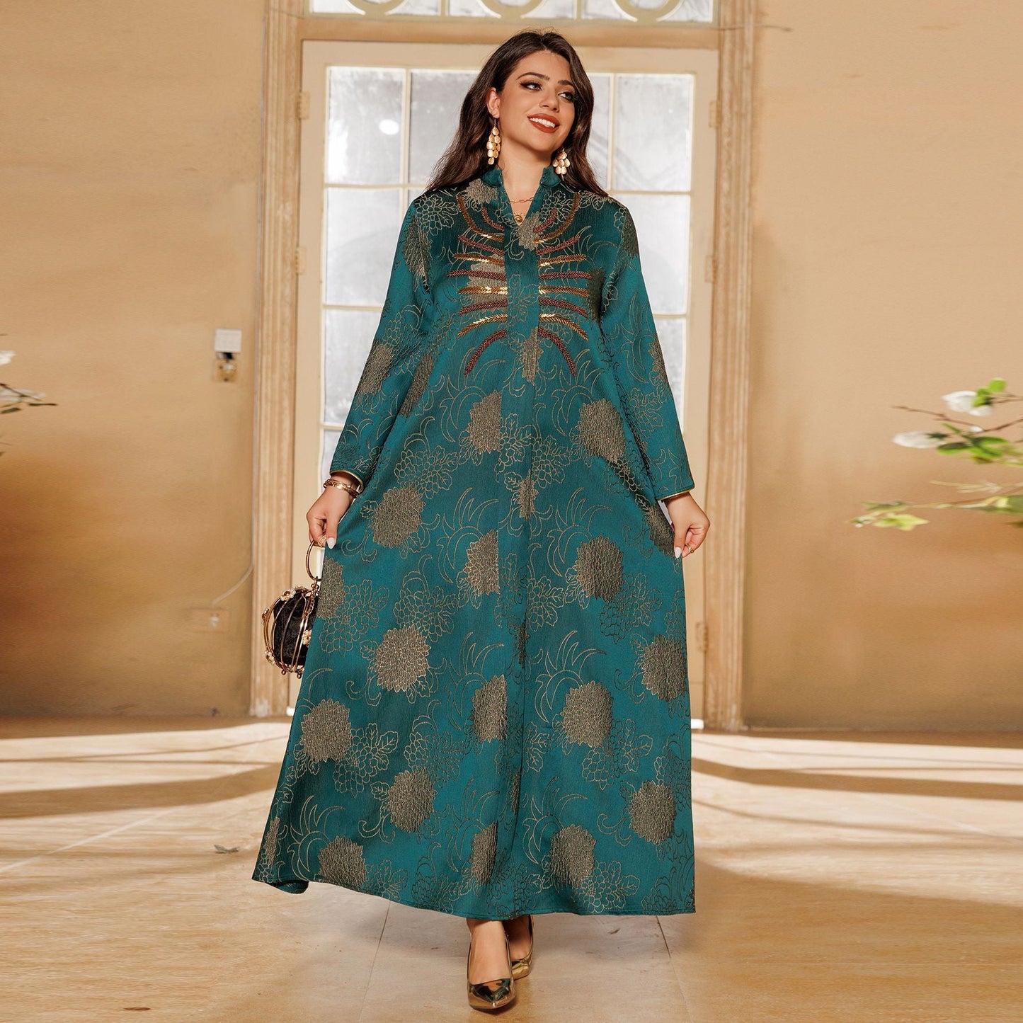 LM6656 V-neck jacquard beaded dress with elegant three-dimensional texture design