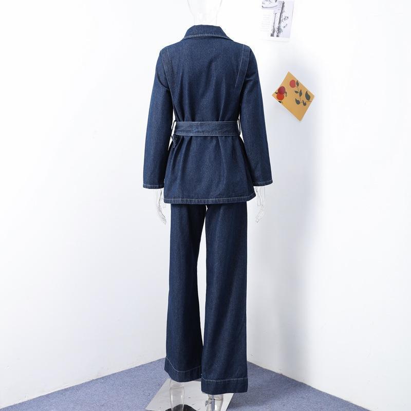 LM5890 Completo in Denim Lavato Primaverile Per Donne Con Cintura, Giacca Monopetto A Maniche Lunghe E Pantaloni A Vita Alta