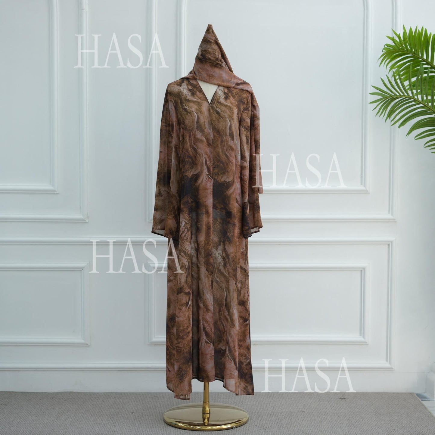 LUMAYA6551 Printed Abaya Cardigan with Matching Scarf Two-Piece Set