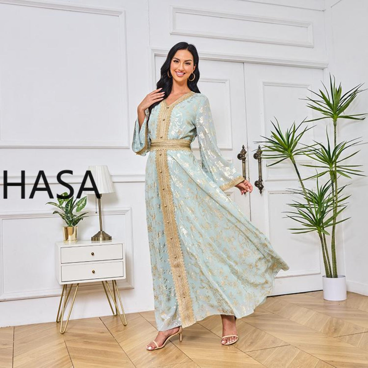 LM1249 Elegant Floral Abaya with Golden Detailing