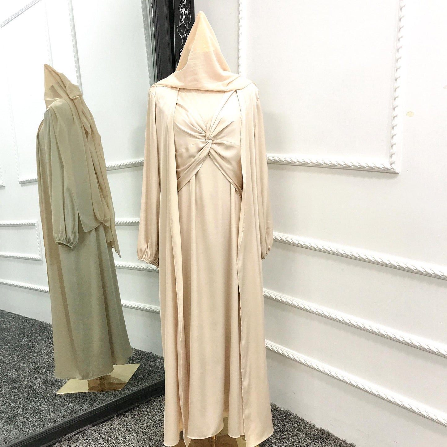 LUMAYA10061 Fashion solid colour two-piece dress cardigan set Abaya