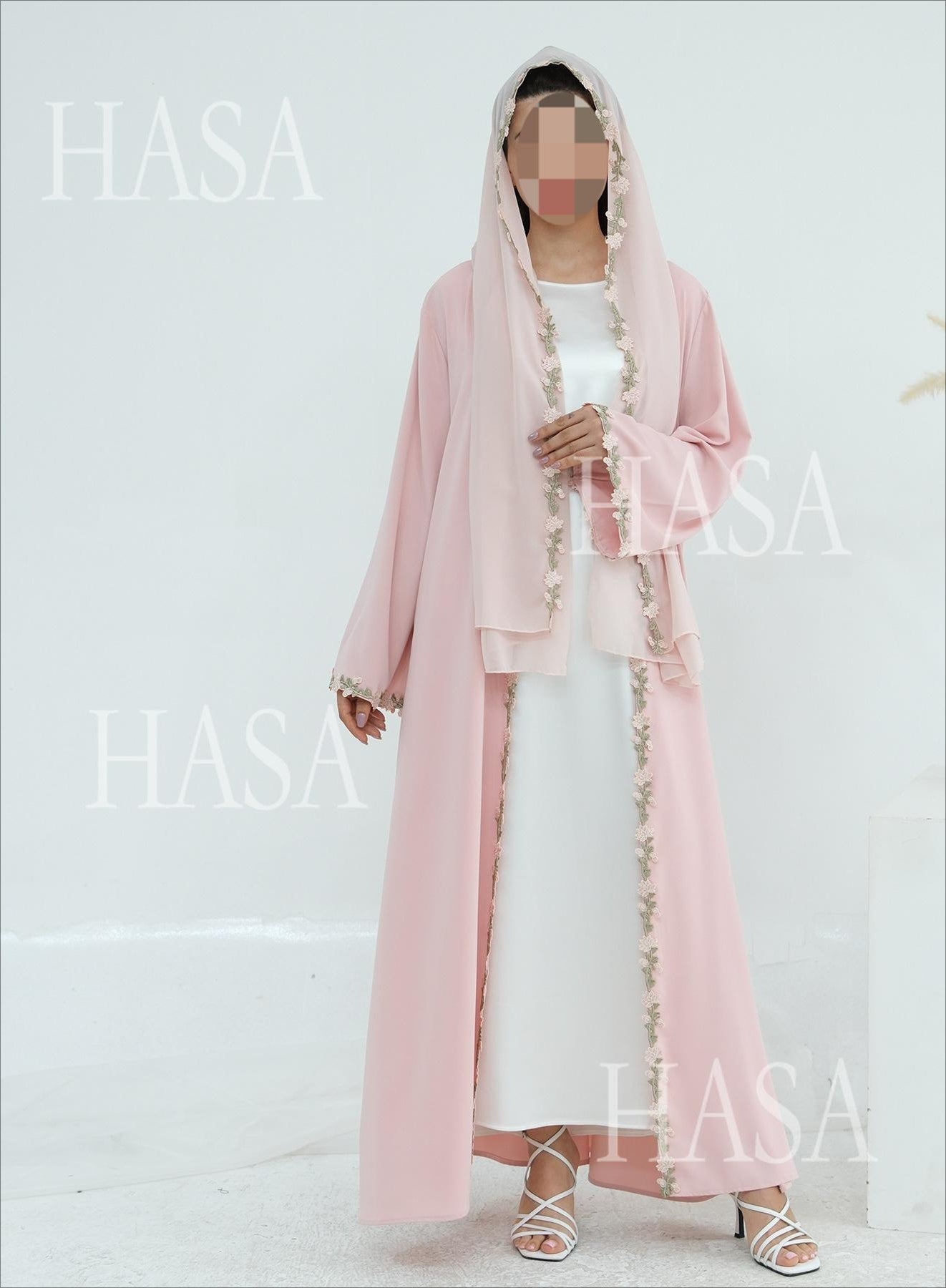 LM6618 Pink Flower Stitching Cardigan Two-Piece Set (Including Headscarf)