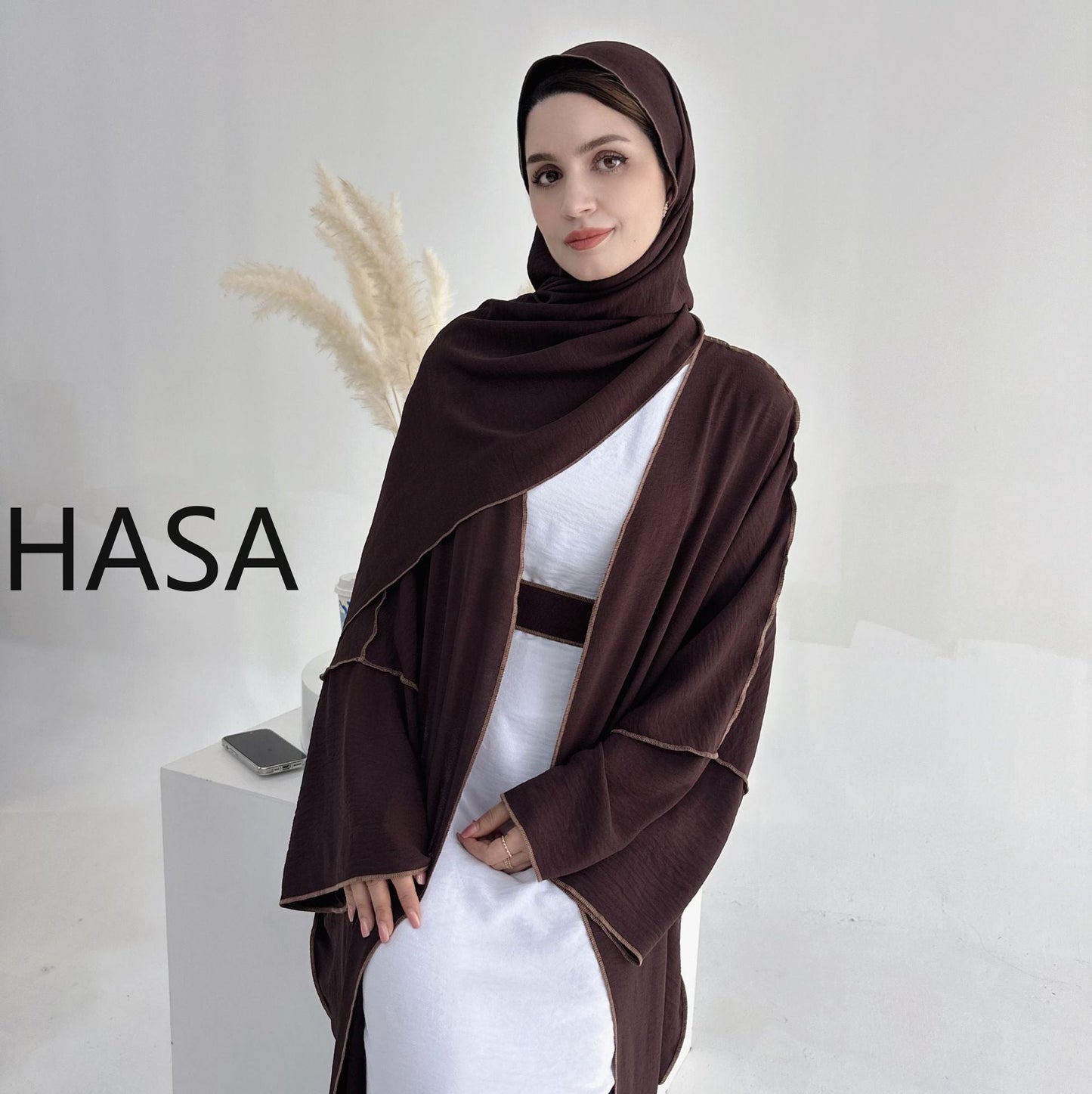 LMSA LM1246H 2 PCS SET Crepe Solid Color Loose Hem Cardigan Robe with Hijab