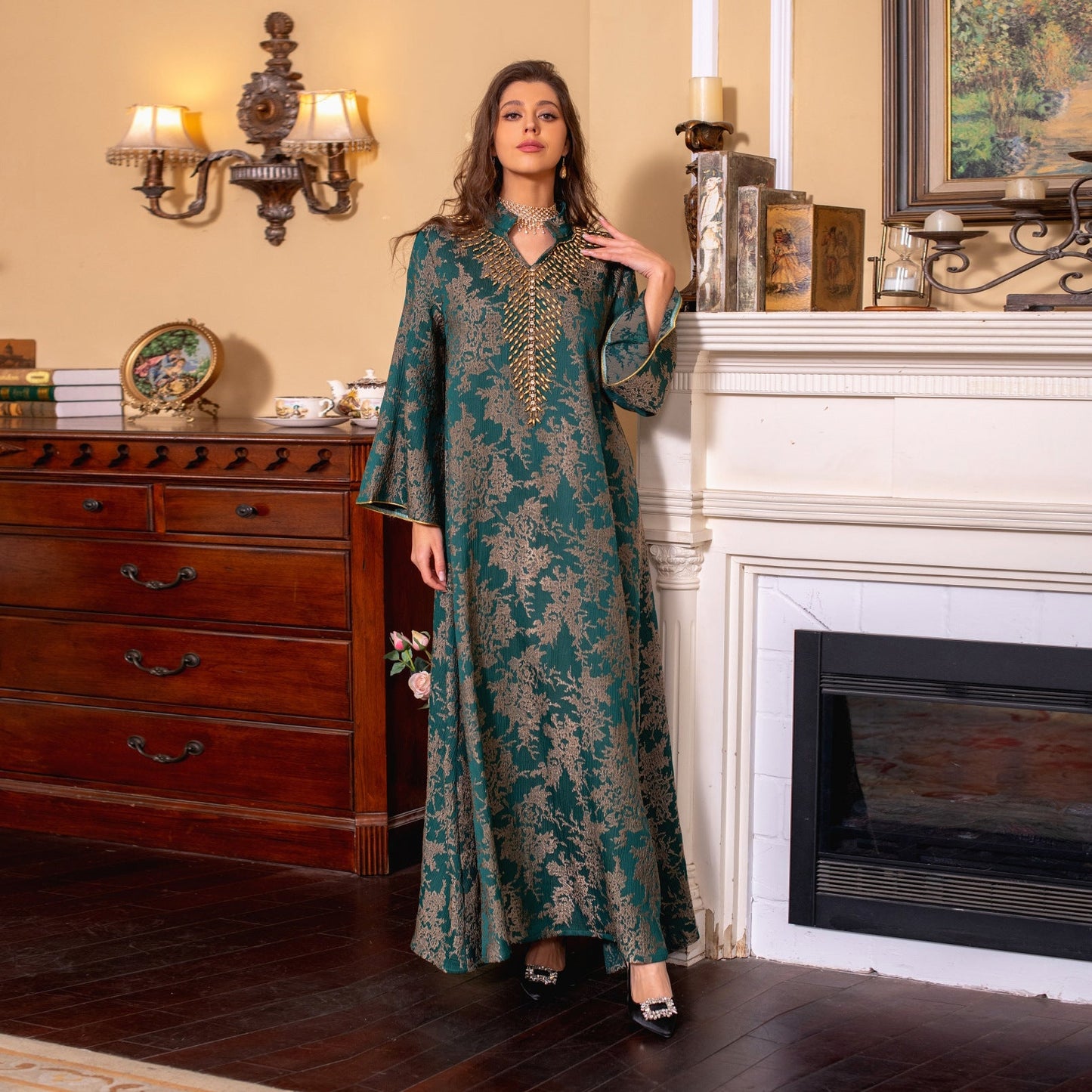 LM6660 Jacquard fabric embroidered beaded robe dress with rich design features