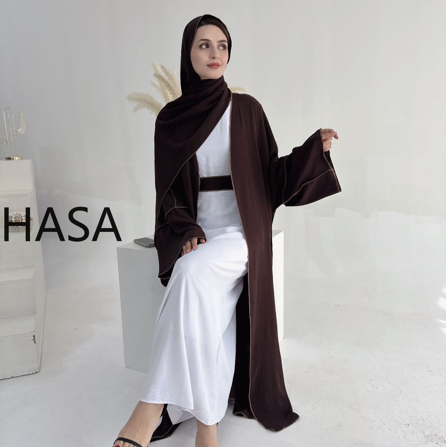 LMSA LM1246H 2 PCS SET Crepe Solid Color Loose Hem Cardigan Robe with Hijab
