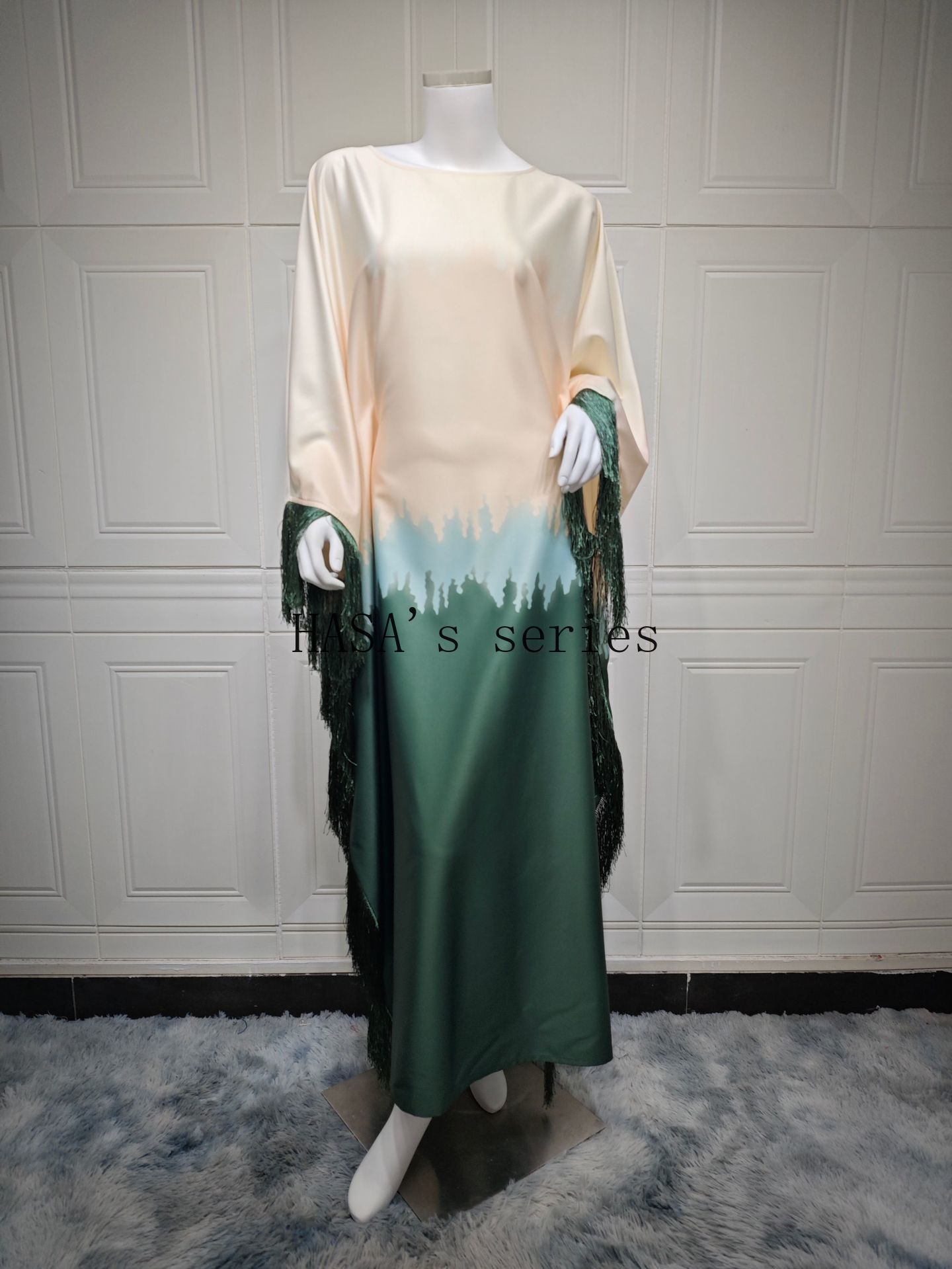 LUMAYA5095 Romantic Gradient Fringed Robe, Elegant Printed Long Dress