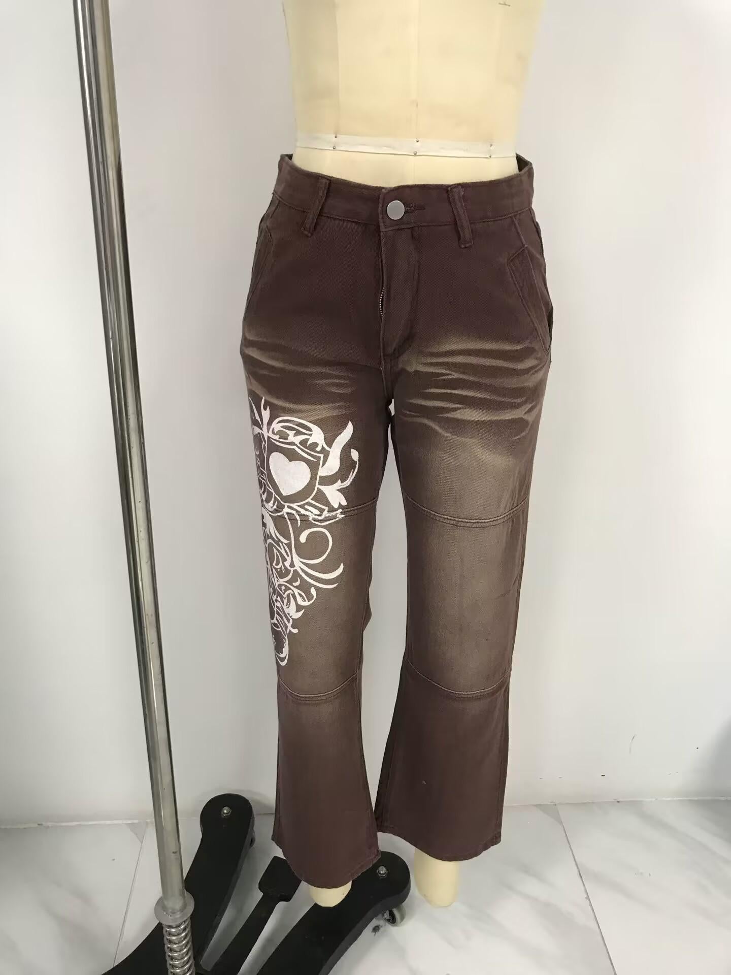 LUMAYA6382 Street Style Women's Clothing Irregular Printing Loose Trousers Low Waist Folds Washed for Old Multi-colored Jeans