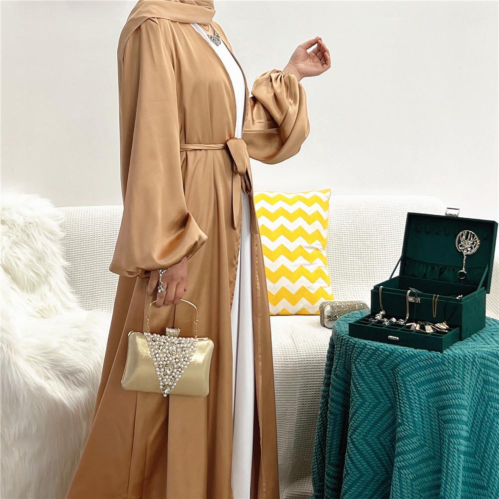 LUMAYA0481 Solid Color Satin Coat Robe Open Abaya