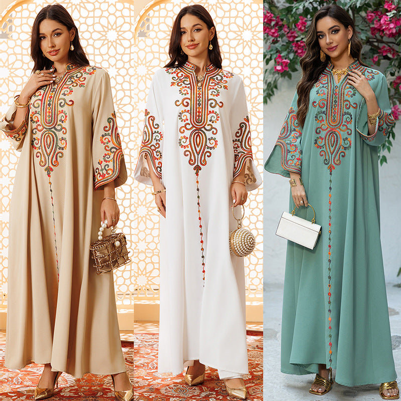 LM6652 Rope embroidery midi dress with elegant stand-up collar design