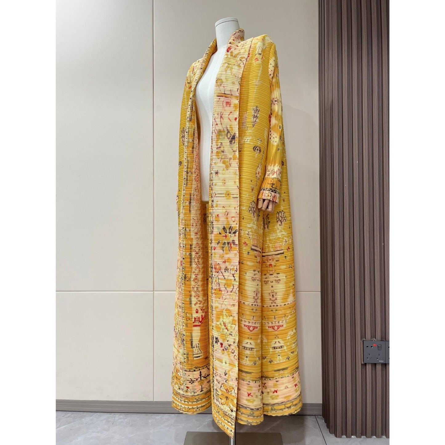 LUMAYA5843 Retro Warm Yellow Floral Textured Open-front Long Coat
