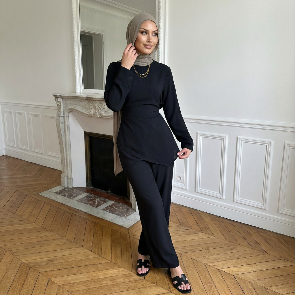 HA6614 Modest Nida Two-Piece Set with Waist Tie & Pocket Trousers